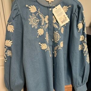 Sezane Blue Embellished Blouse with Mandarin Collar